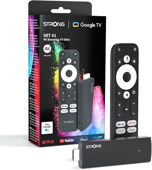 STRONG - Streaming Box Android TV 4K UHD - SRT41, Google TV HDMI Key - Chromecast Built-in - Compatível com o suporte vocal Google - Dolby Atmos - fácil de instalar, formato Stick